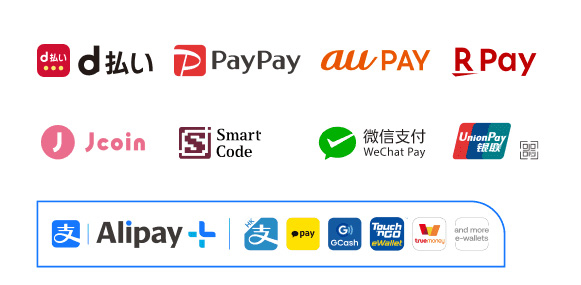・d払い
								・PayPay
								・auPay
								・R Pay
								・Jcoin
								・Smart Code
								・WeChat Pay
								・Union Pay
								・Alipay